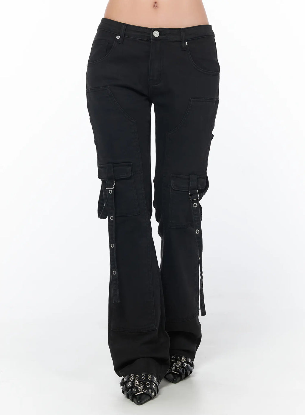 Black Buckle Bootcut Cargo Pants CY513