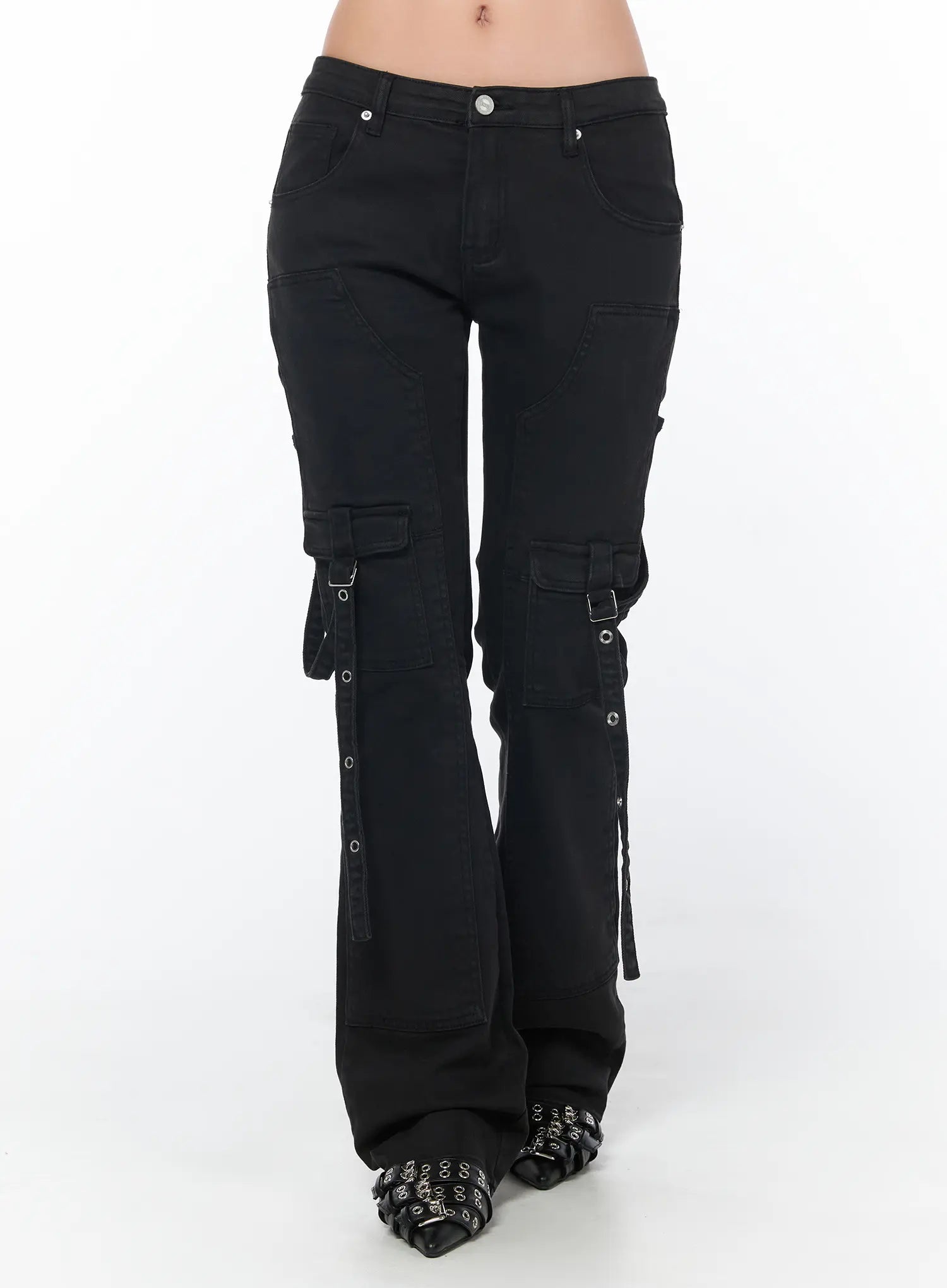 Black Buckle Bootcut Cargo Pants CY513