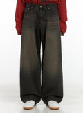 Men's Washed Cotton Wide Leg Jeans (Black) IS420