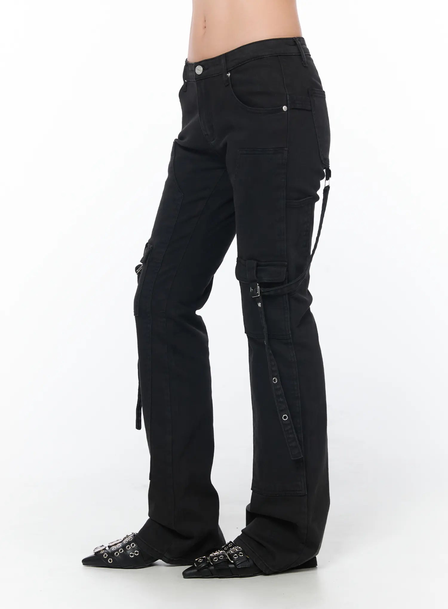 Black Buckle Bootcut Cargo Pants CY513