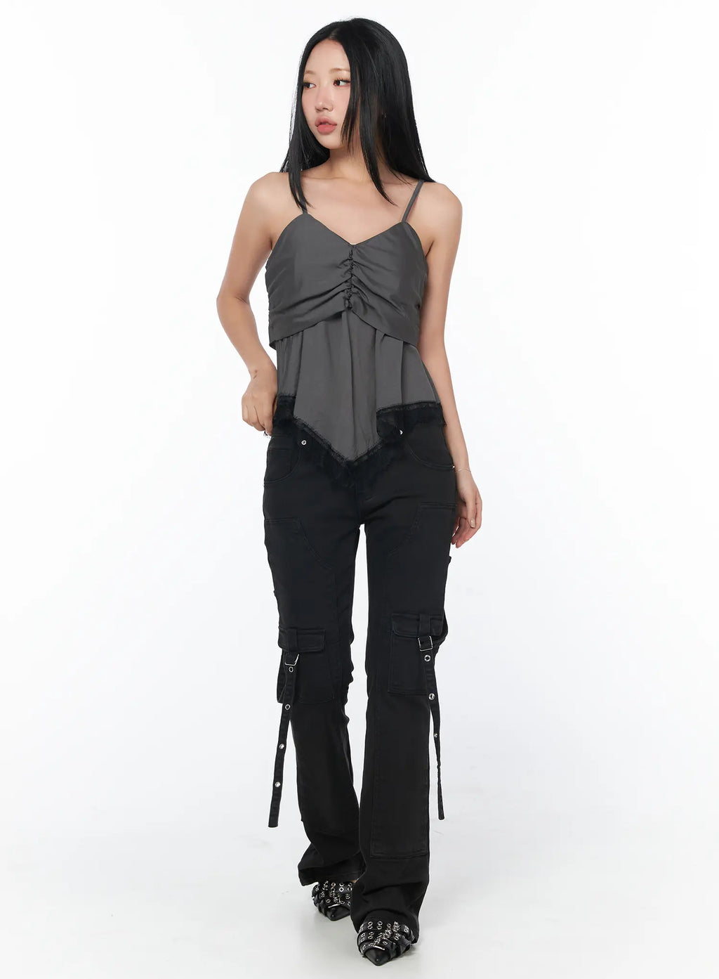 Black Buckle Bootcut Cargo Pants CY513