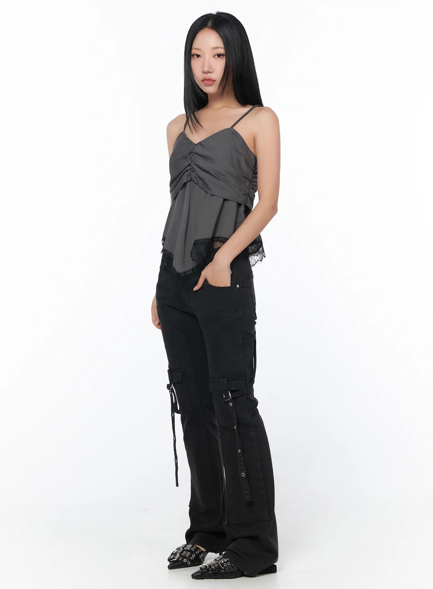 Black Buckle Bootcut Cargo Pants CY513