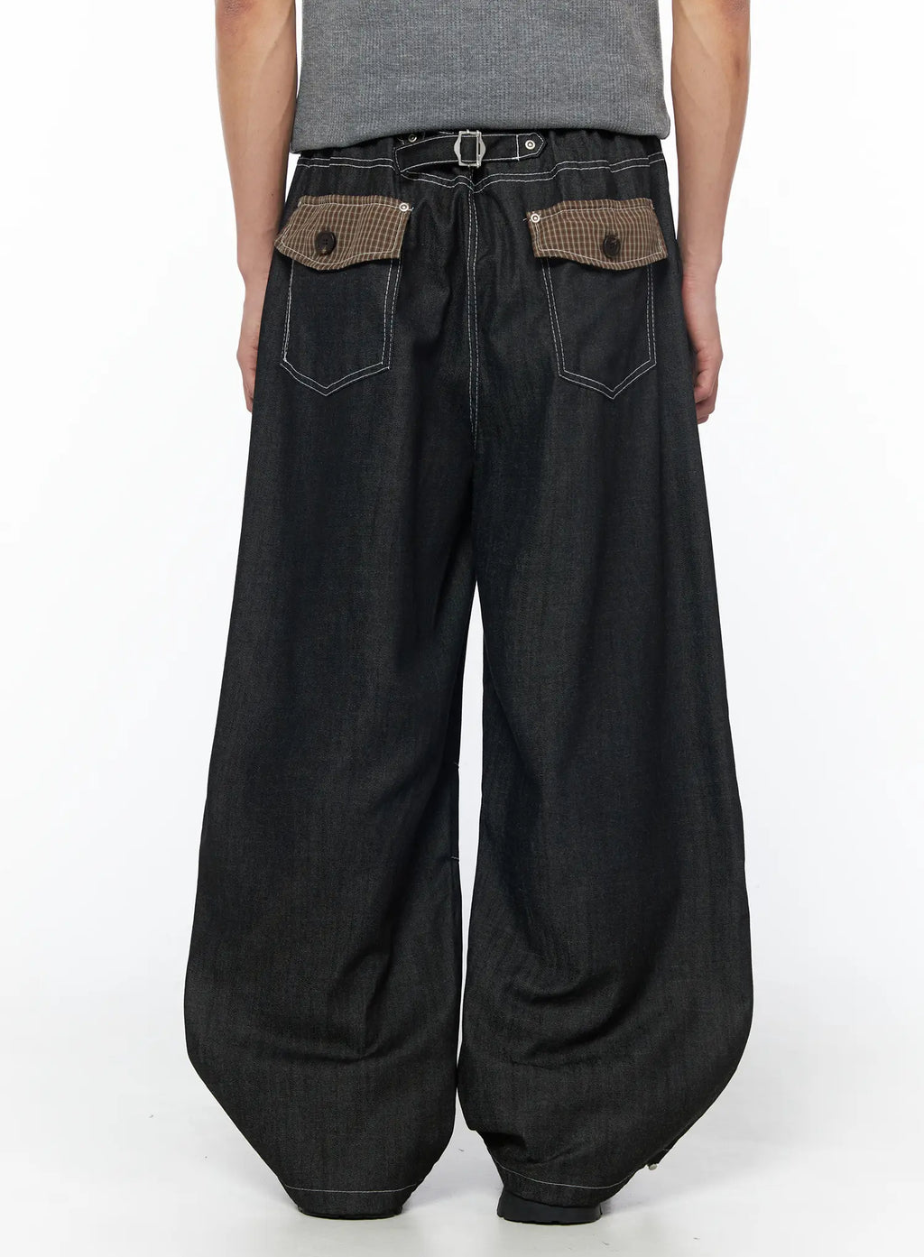 Men's Plaid Pocket Drawstring Jeans (Black) IU510