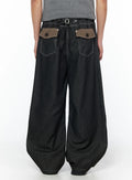 Men's Plaid Pocket Drawstring Jeans (Black) IU510