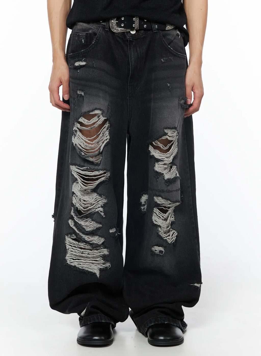 Men's Vintage Distressed Baggy Jeans (Black) IU510