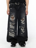 Men's Vintage Distressed Baggy Jeans (Black) IU510