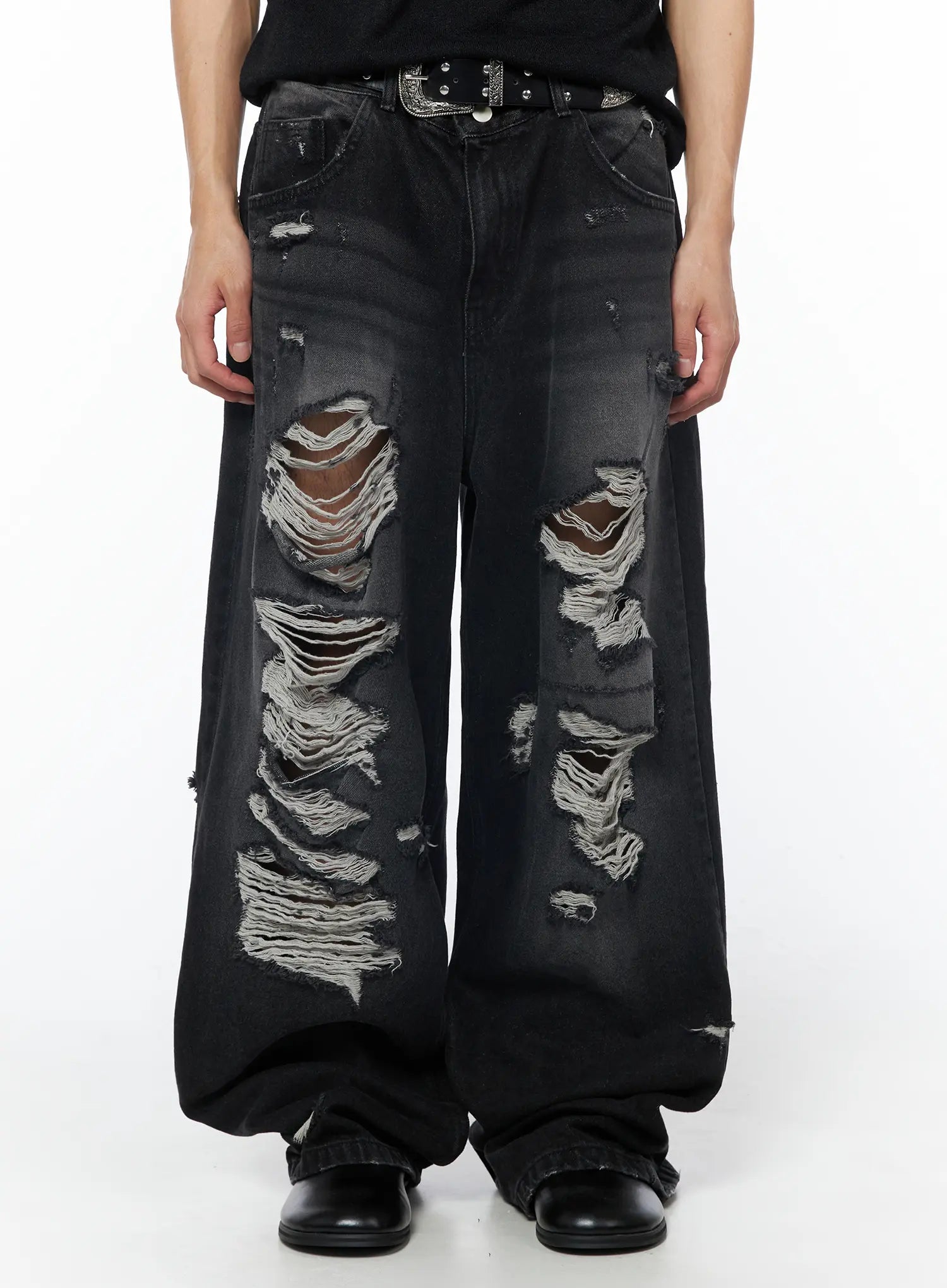 Men's Vintage Distressed Baggy Jeans (Black) IU510