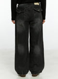Men's Washed Black Wide Leg Jeans IF511