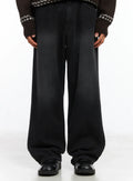 Men's Straight Semi-Wide Fleece Jeans (Black) IJ514