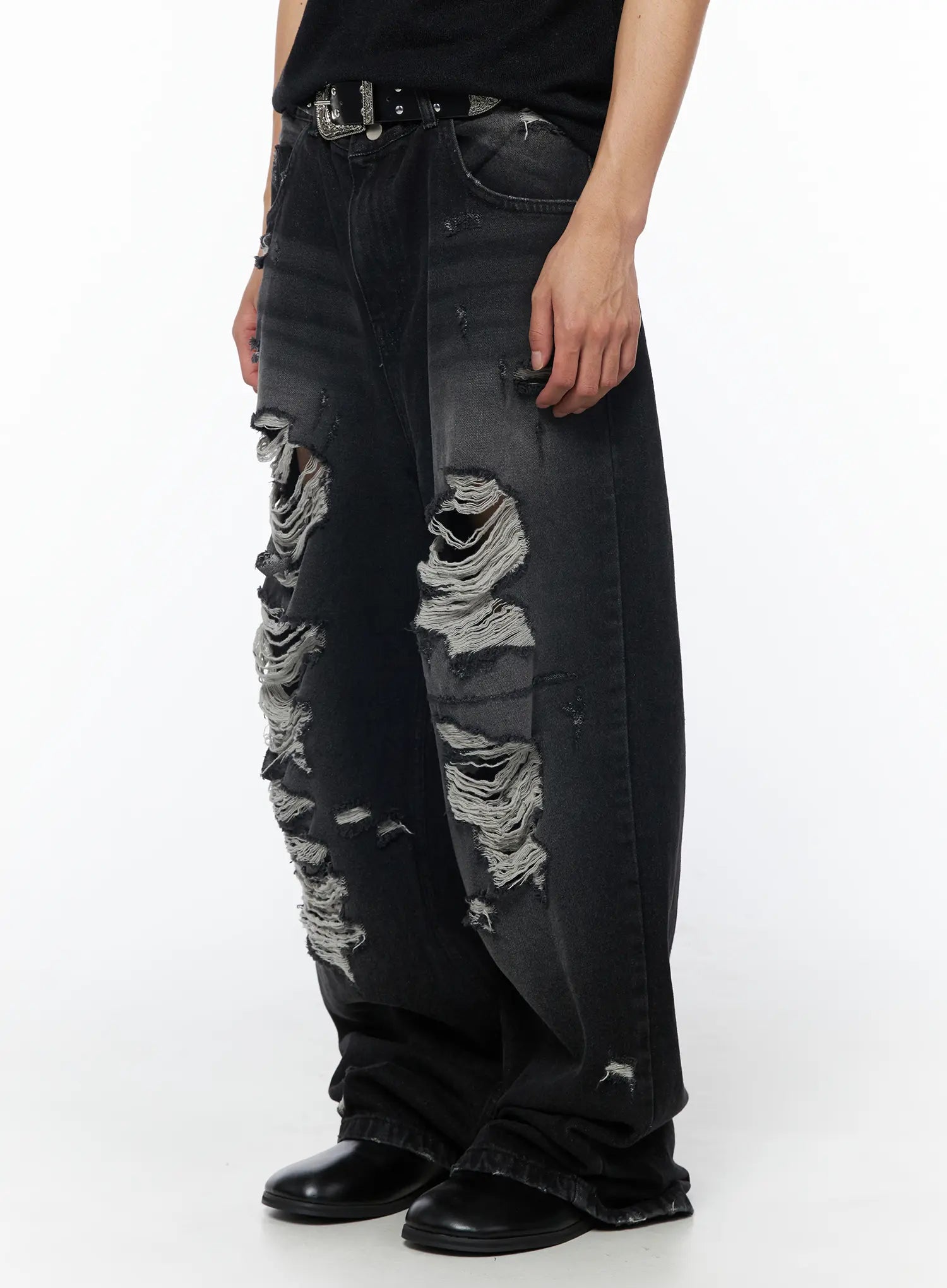 Men's Vintage Distressed Baggy Jeans (Black) IU510