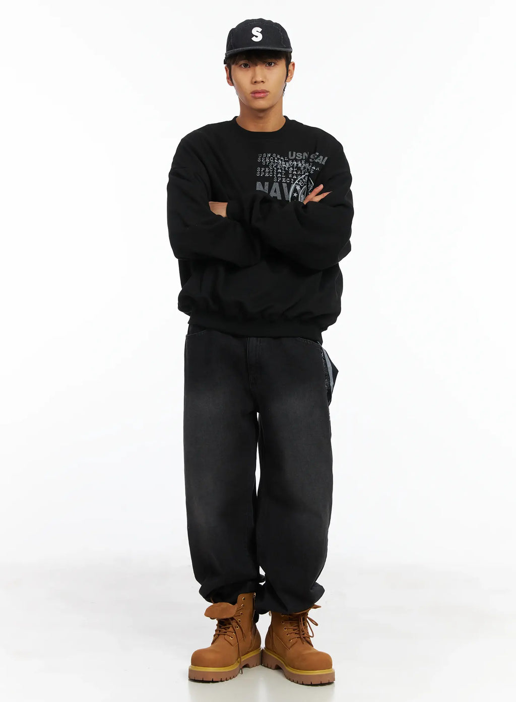 Men's Straight Semi-Wide Fleece Jeans (Black) IJ514