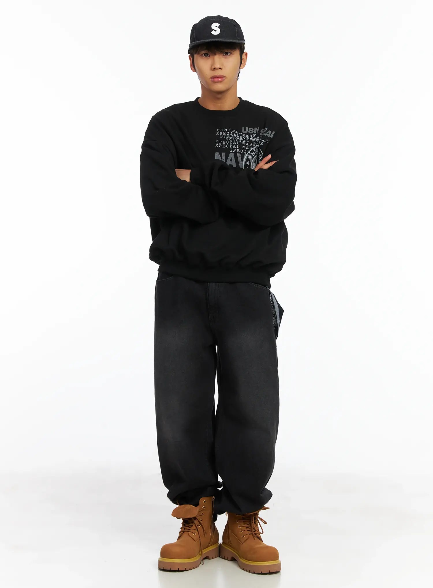 Men's Straight Semi-Wide Fleece Jeans (Black) IJ514
