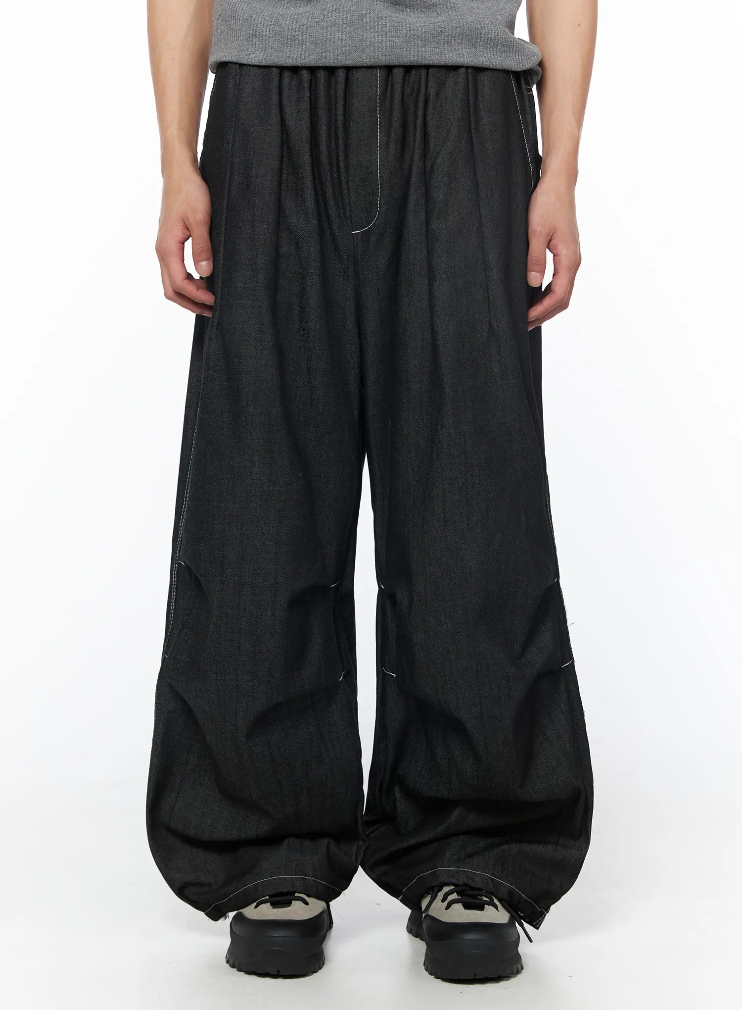 Men's Plaid Pocket Drawstring Jeans (Black) IU510