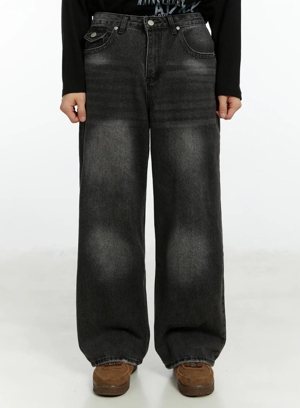 Men's Washed Black Wide Leg Jeans IF511