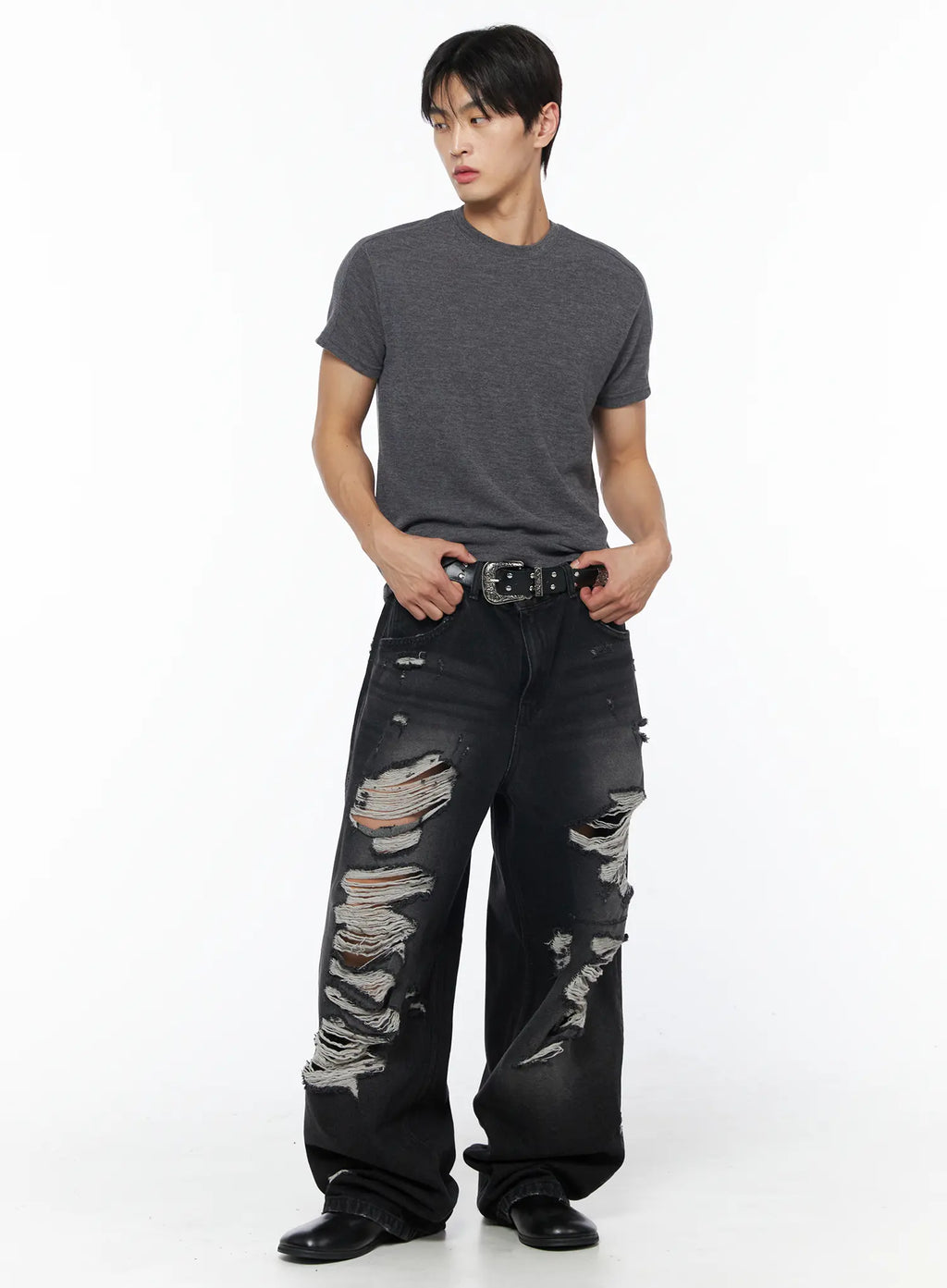 Men's Vintage Distressed Baggy Jeans (Black) IU510
