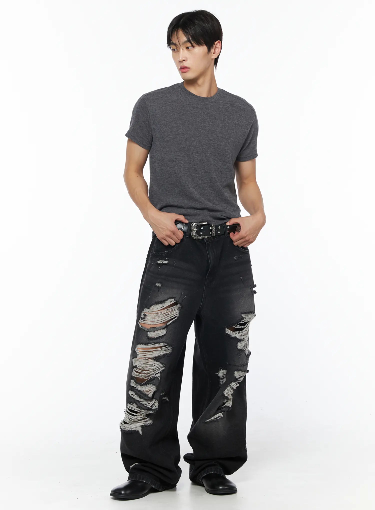 Men's Vintage Distressed Baggy Jeans (Black) IU510