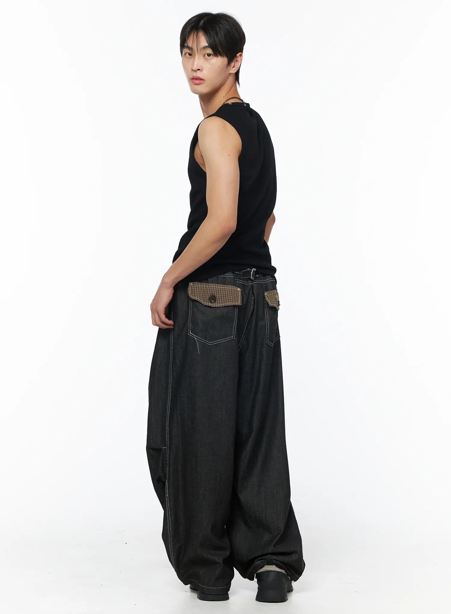 Men's Plaid Pocket Drawstring Jeans (Black) IU510