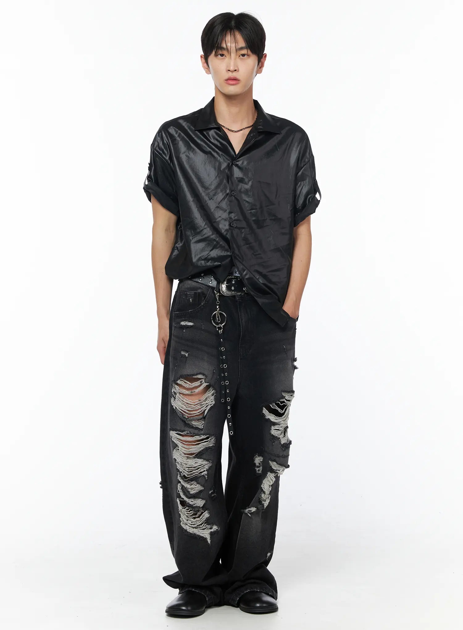 Men's Vintage Distressed Baggy Jeans (Black) IU510