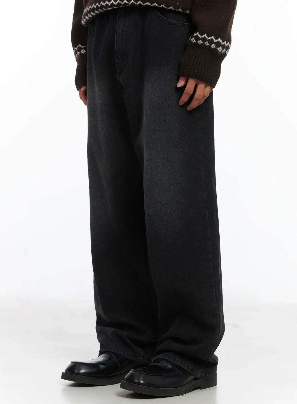 Men's Straight Semi-Wide Fleece Jeans (Black) IJ514