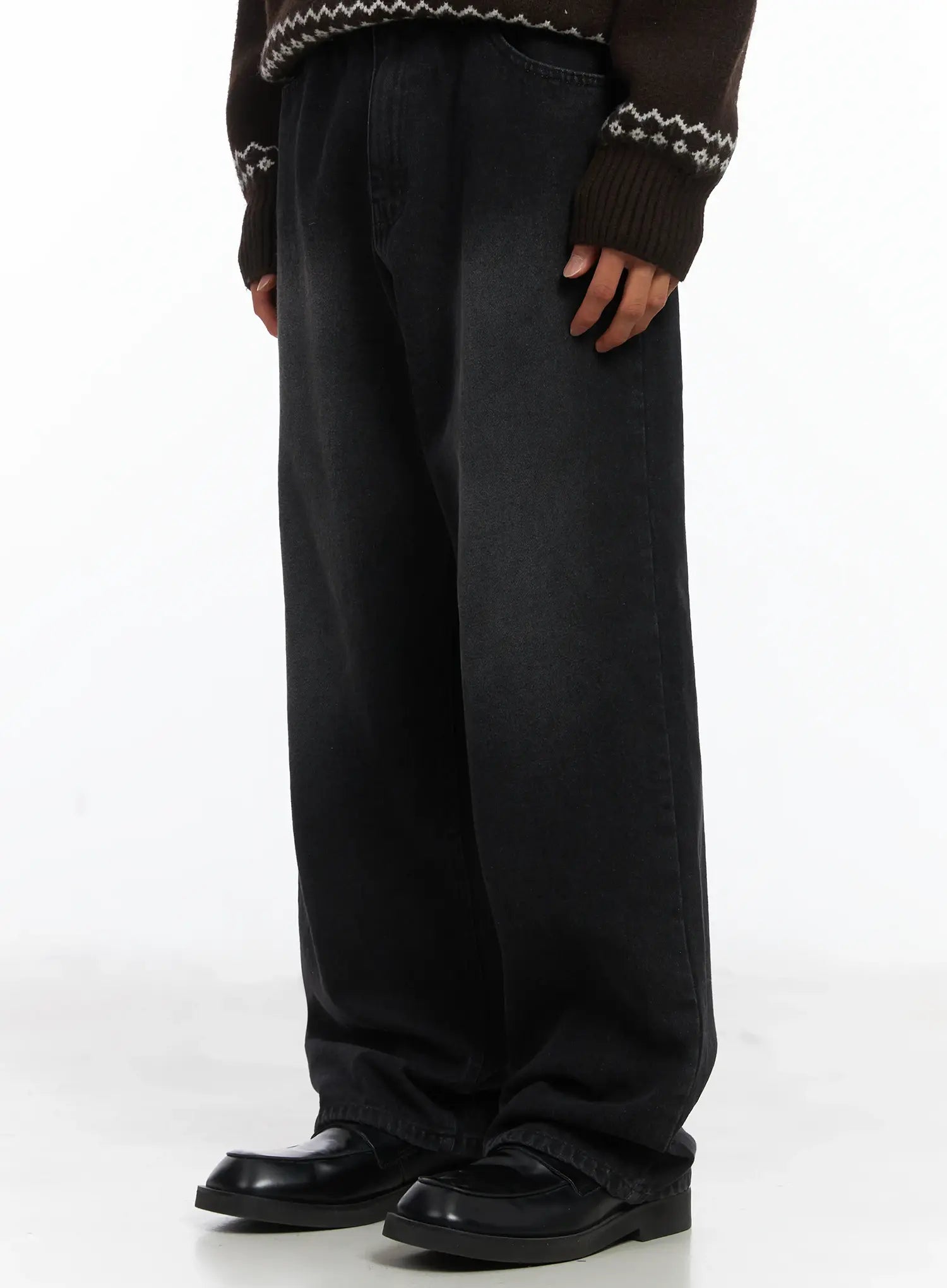 Men's Straight Semi-Wide Fleece Jeans (Black) IJ514