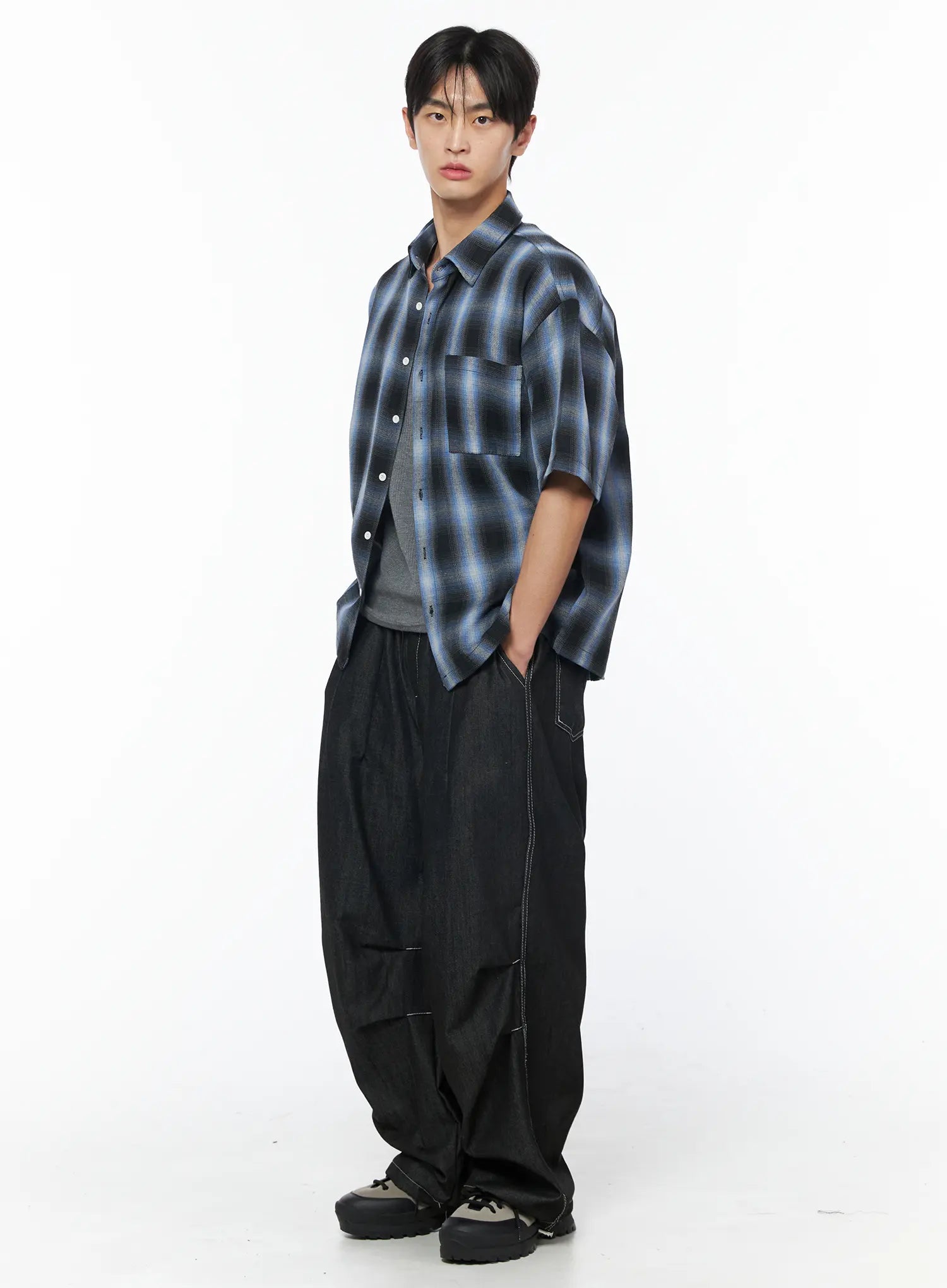 Men's Plaid Pocket Drawstring Jeans (Black) IU510