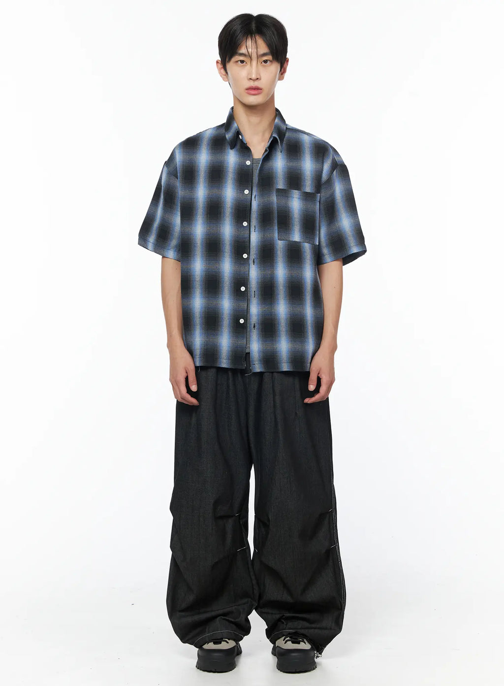 Men's Plaid Pocket Drawstring Jeans (Black) IU510