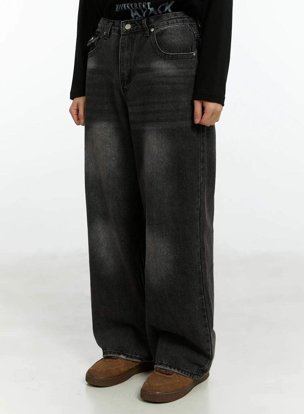 Men's Washed Black Wide Leg Jeans IF511
