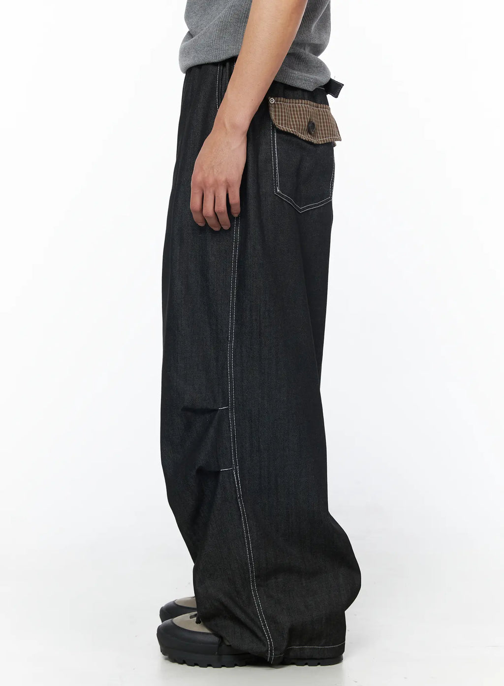 Men's Plaid Pocket Drawstring Jeans (Black) IU510