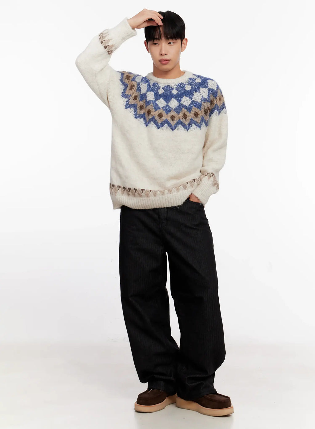 Men's Herringbone Wide-Leg Jeans (Black) IO523