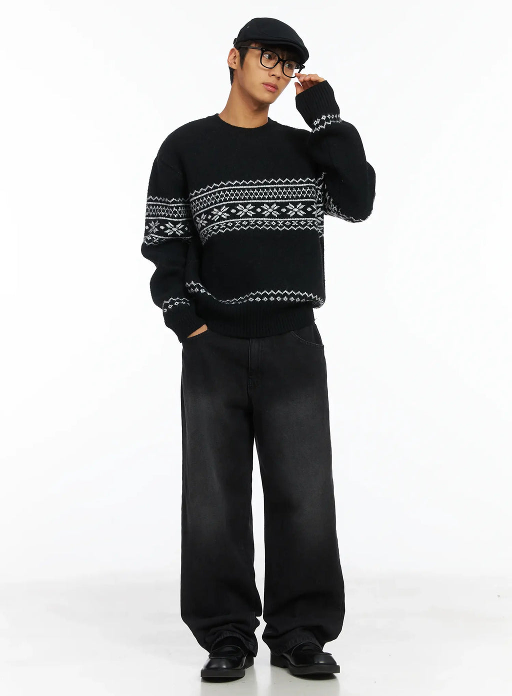 Men's Straight Semi-Wide Fleece Jeans (Black) IJ514