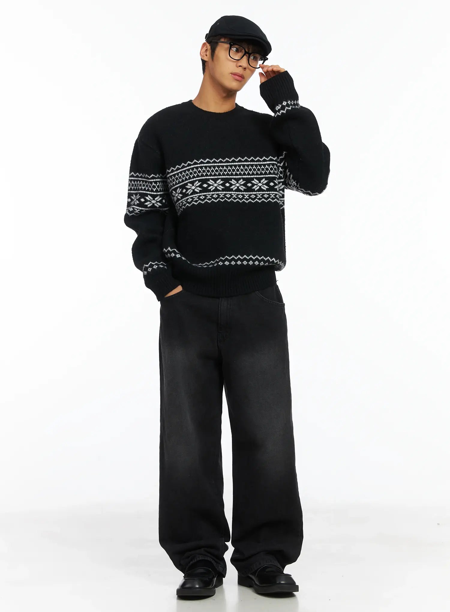 Men's Straight Semi-Wide Fleece Jeans (Black) IJ514