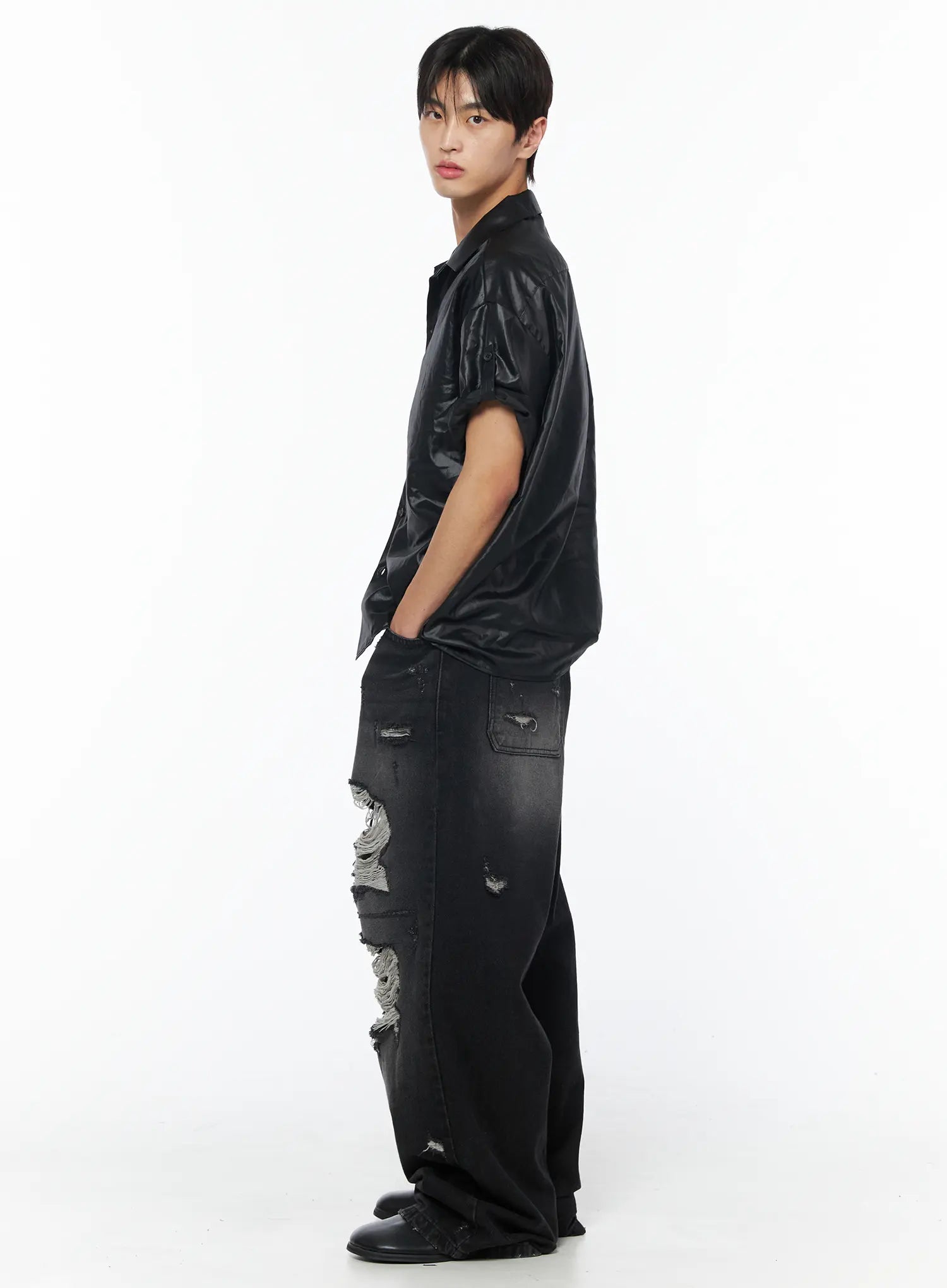 Men's Vintage Distressed Baggy Jeans (Black) IU510