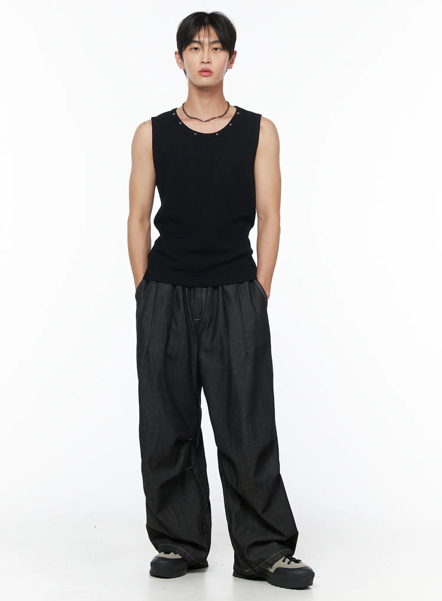 Men's Plaid Pocket Drawstring Jeans (Black) IU510