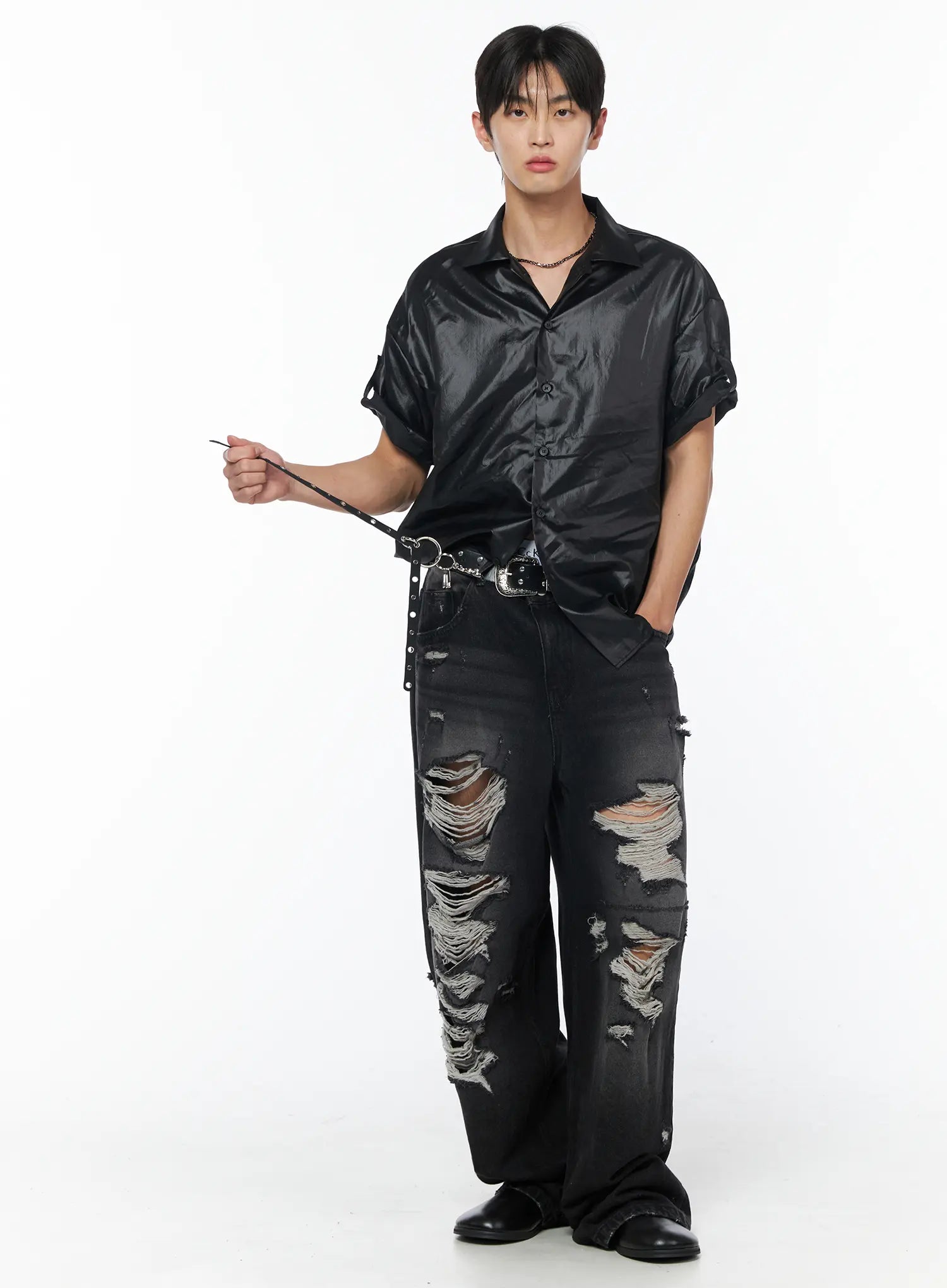 Men's Vintage Distressed Baggy Jeans (Black) IU510