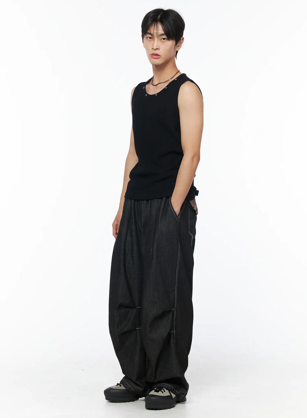 Men's Plaid Pocket Drawstring Jeans (Black) IU510