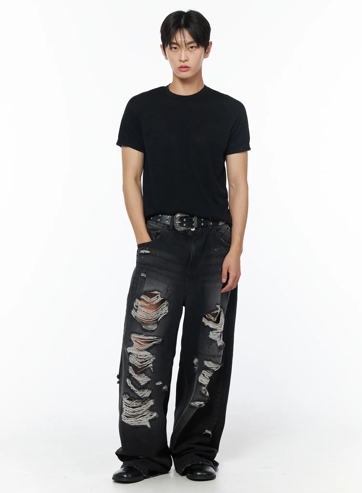 Men's Vintage Distressed Baggy Jeans (Black) IU510