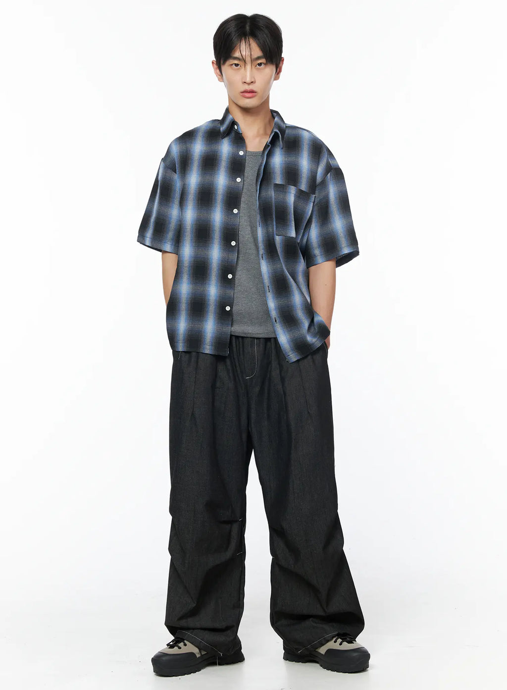 Men's Plaid Pocket Drawstring Jeans (Black) IU510
