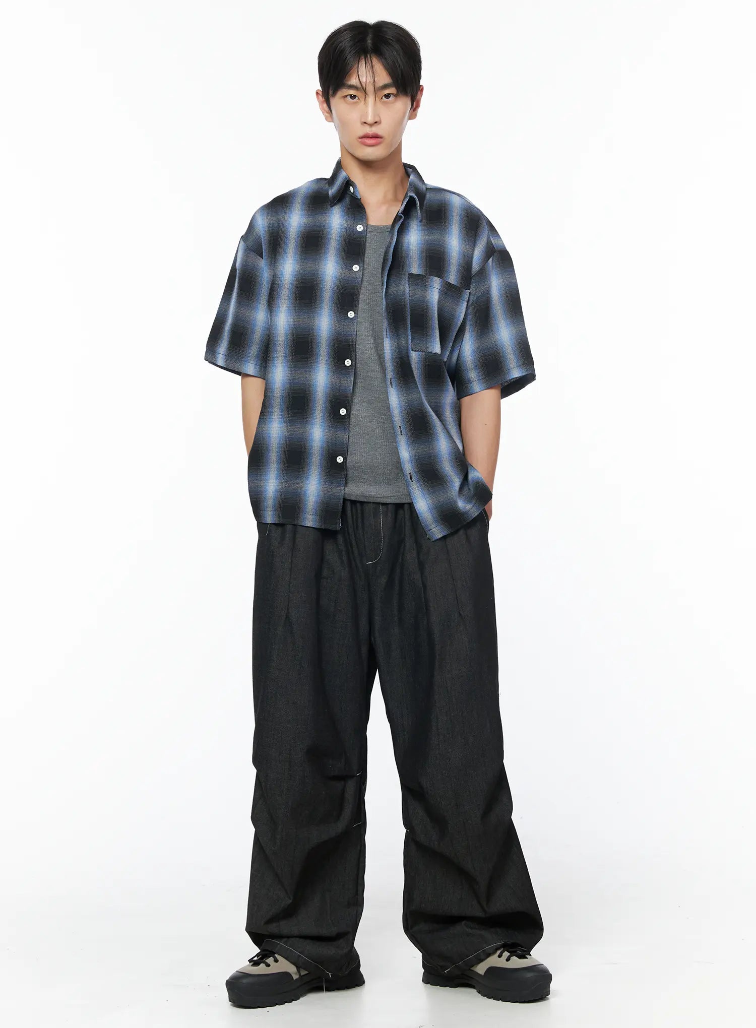 Men's Plaid Pocket Drawstring Jeans (Black) IU510