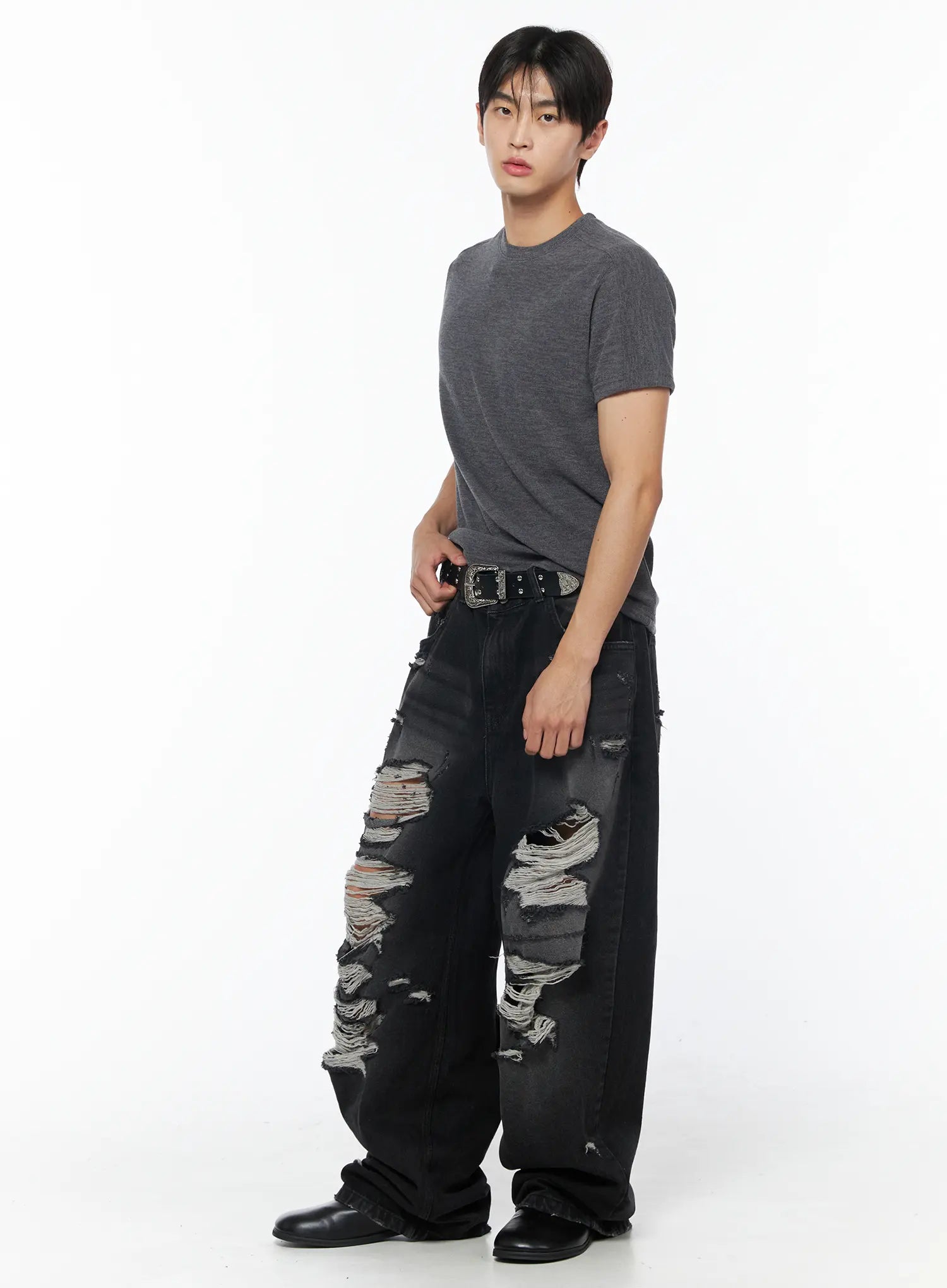 Men's Vintage Distressed Baggy Jeans (Black) IU510