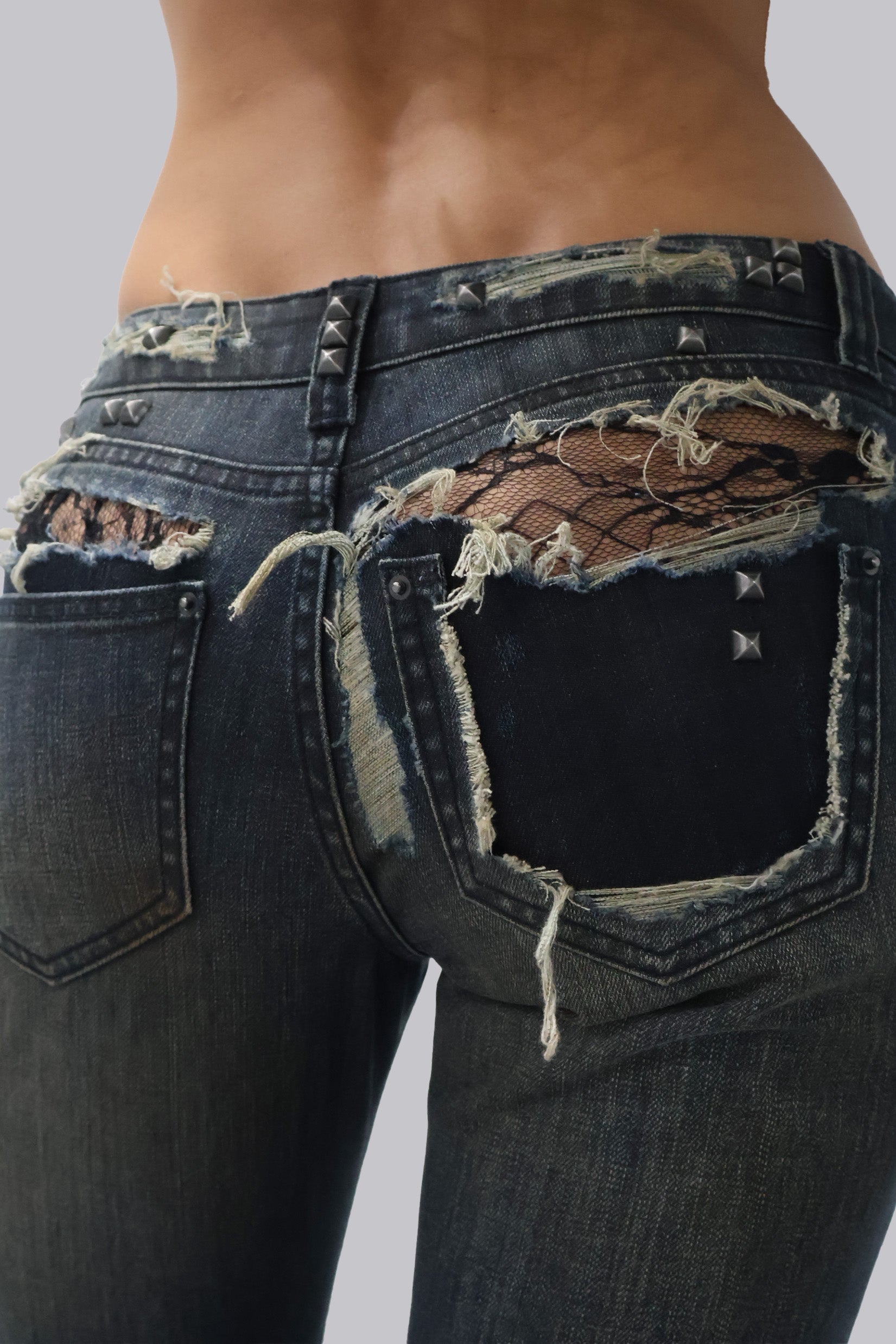 Tori Distressed Lace Low Rise Straight Leg Jeans in Dark Wash