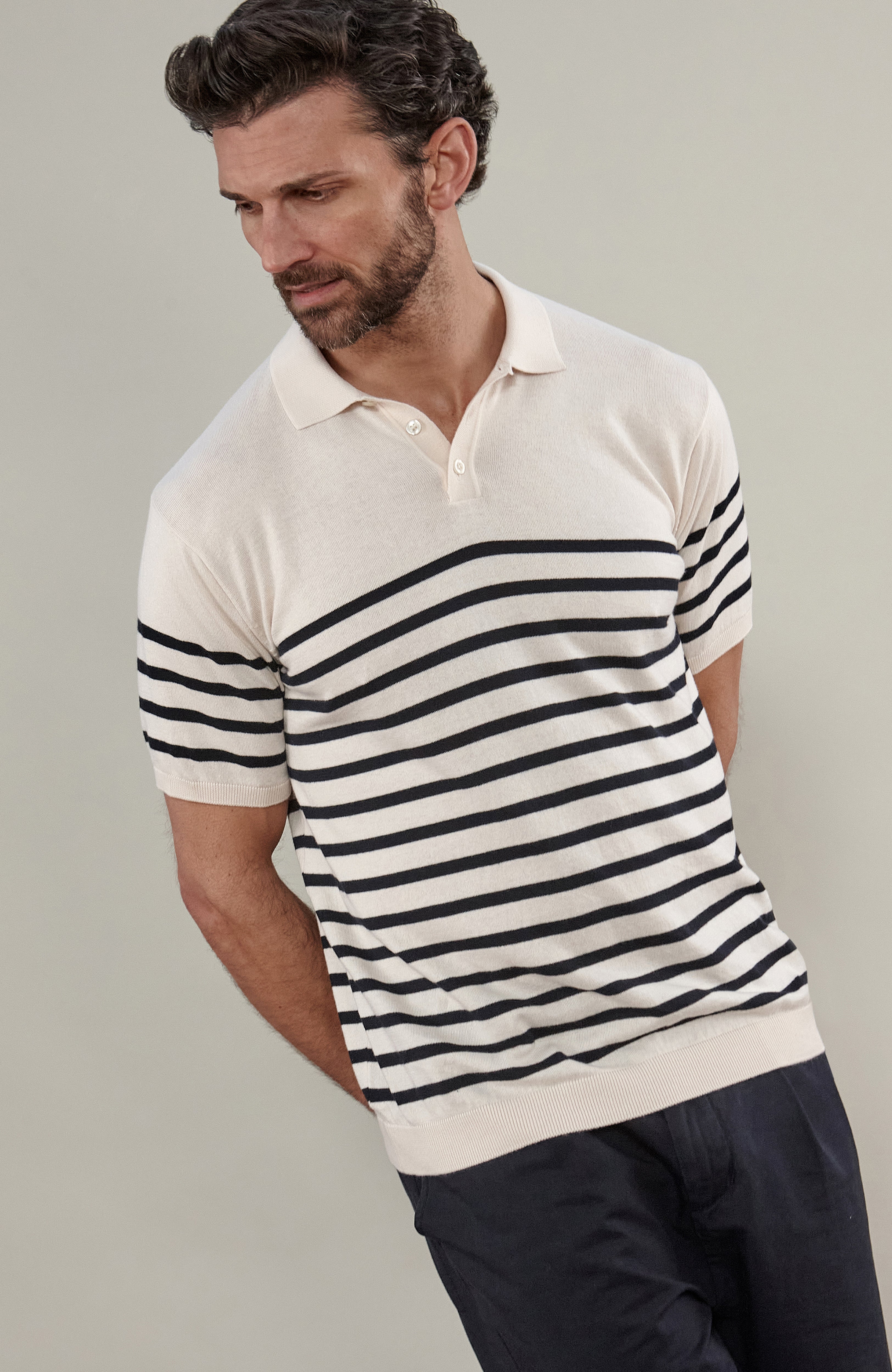 Mens Ultra Fine Cotton Breton Short Sleeve Polo Shirt
