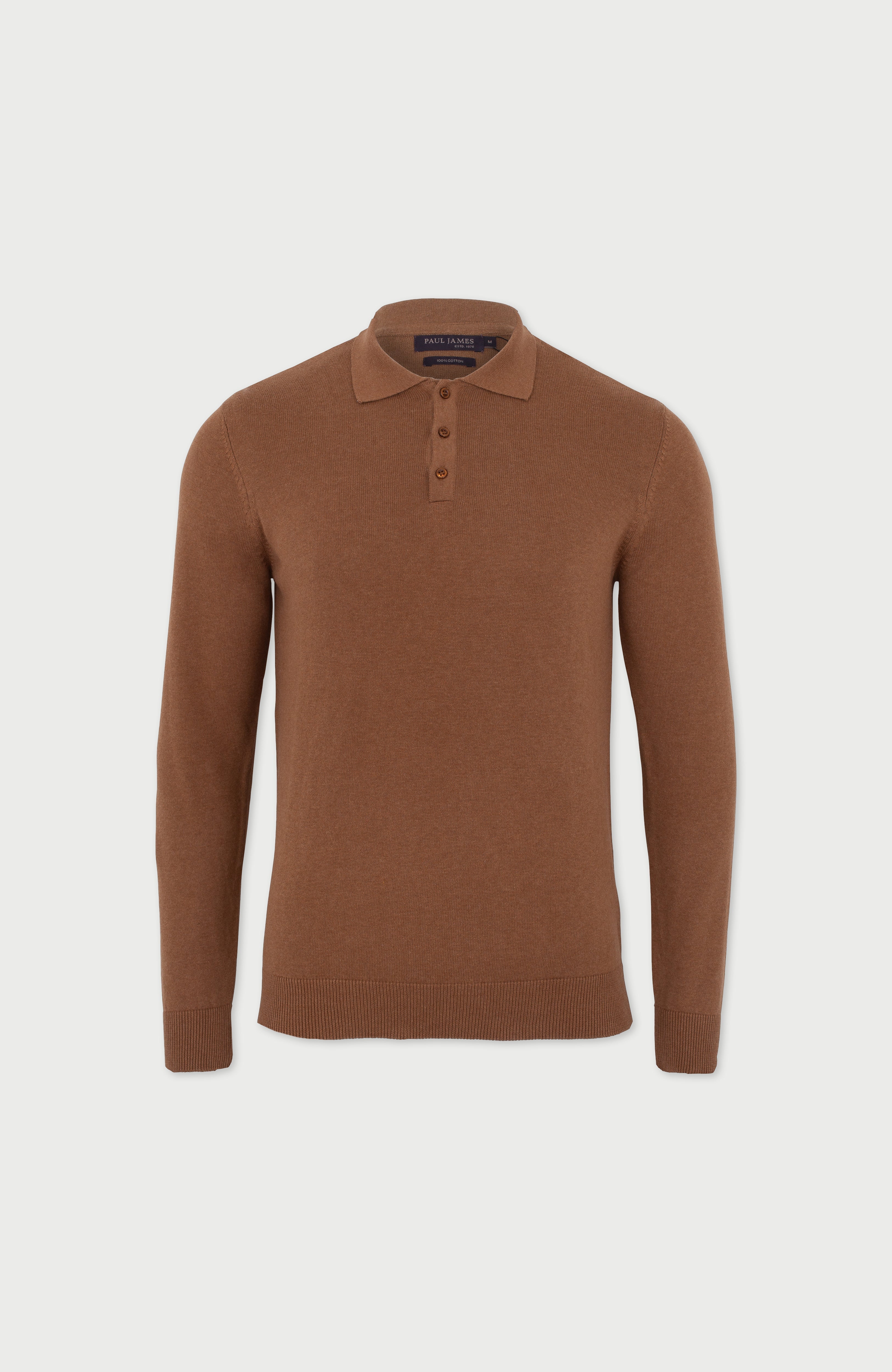Mens Lightweight Cotton Long Sleeve Knitted Polo Shirt