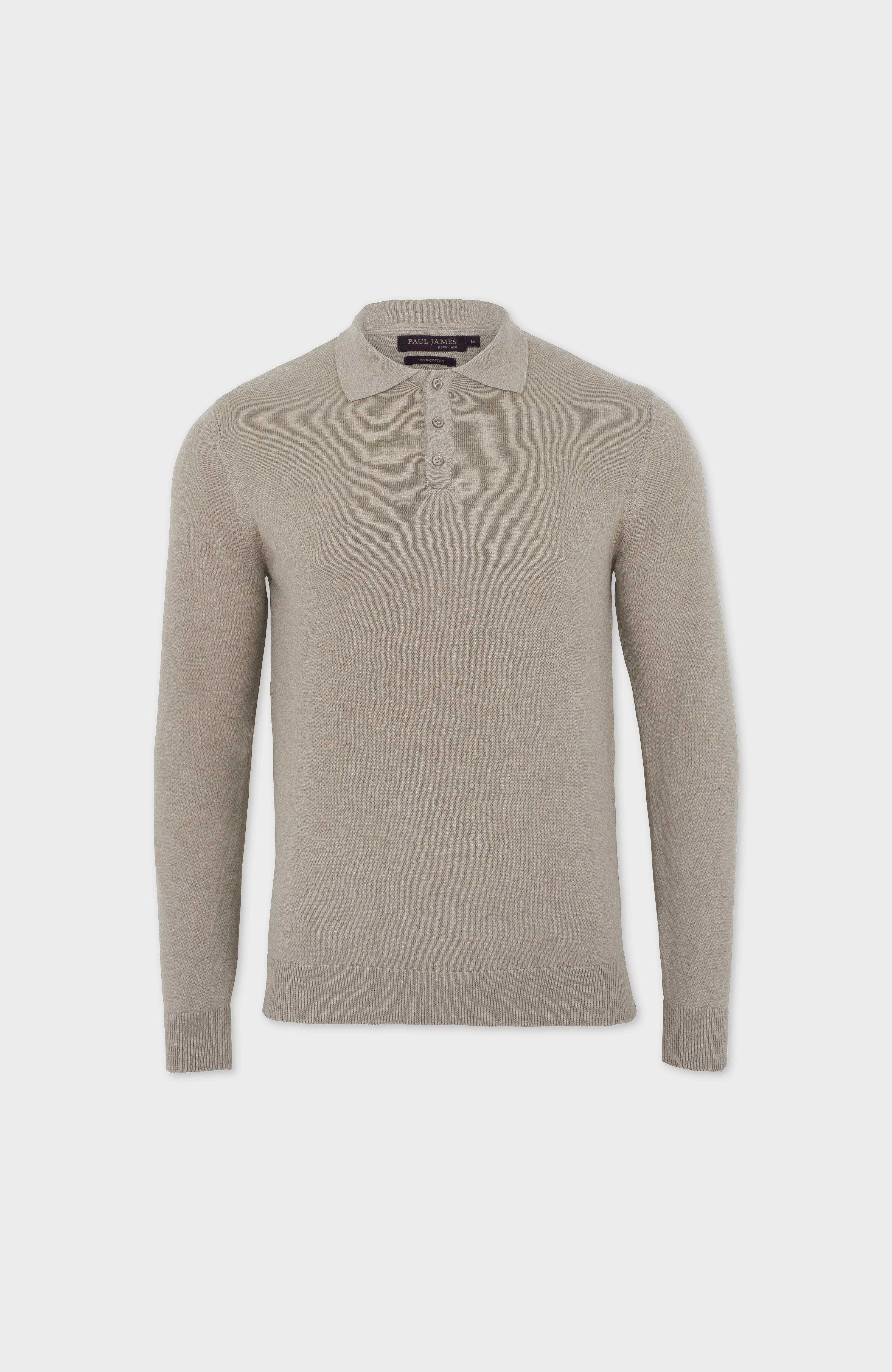 Mens Lightweight Cotton Long Sleeve Knitted Polo Shirt