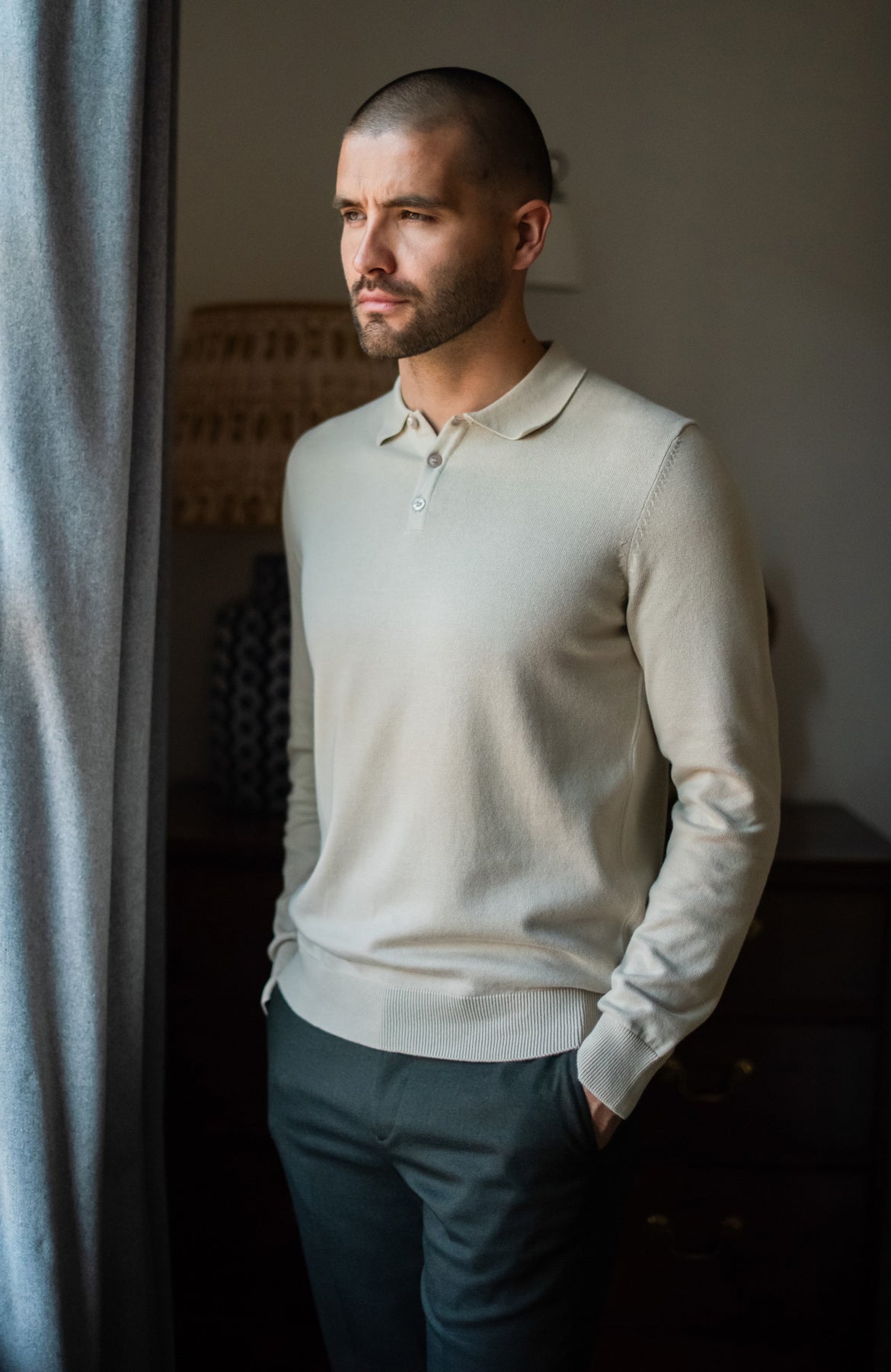 Mens Lightweight Cotton Long Sleeve Knitted Polo Shirt