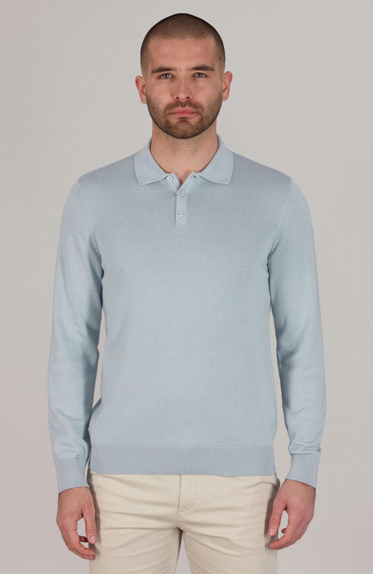 Mens Lightweight Cotton Long Sleeve Knitted Polo Shirt