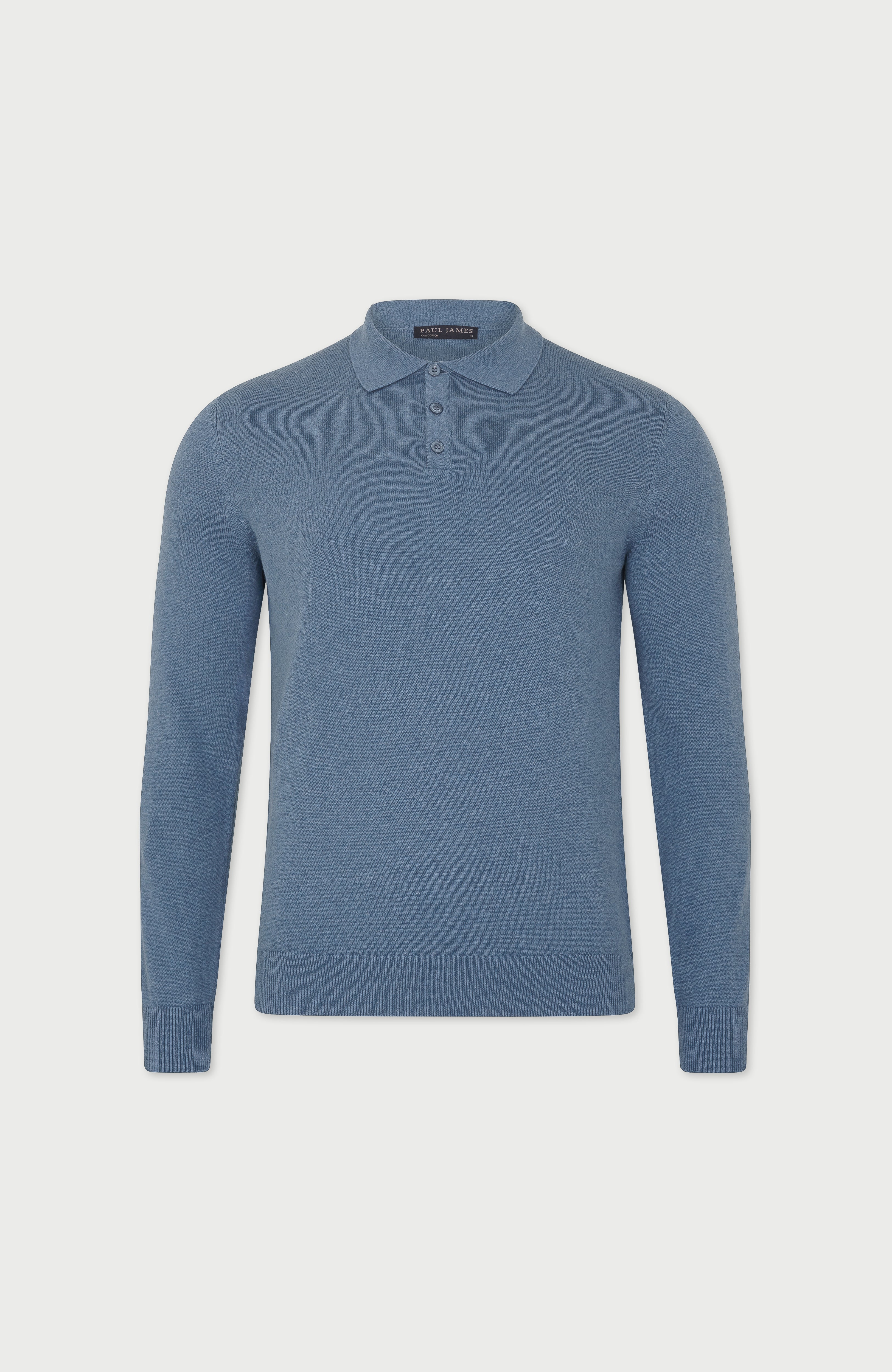 Mens Lightweight Cotton Long Sleeve Knitted Polo Shirt