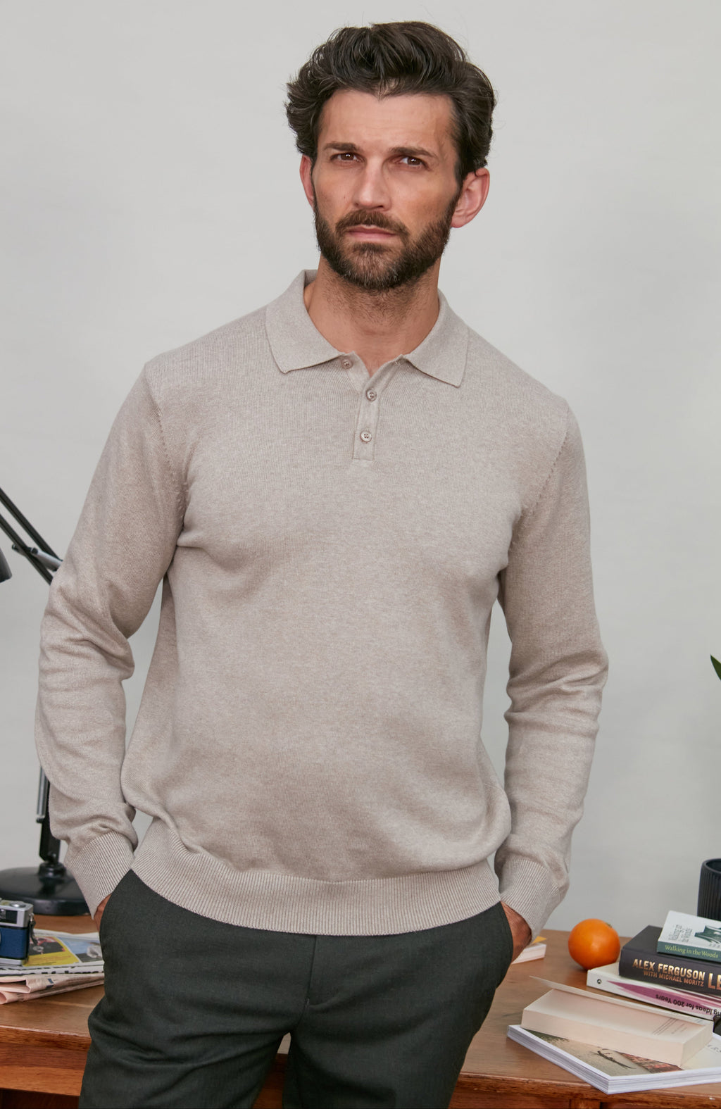 Mens Lightweight Cotton Long Sleeve Knitted Polo Shirt