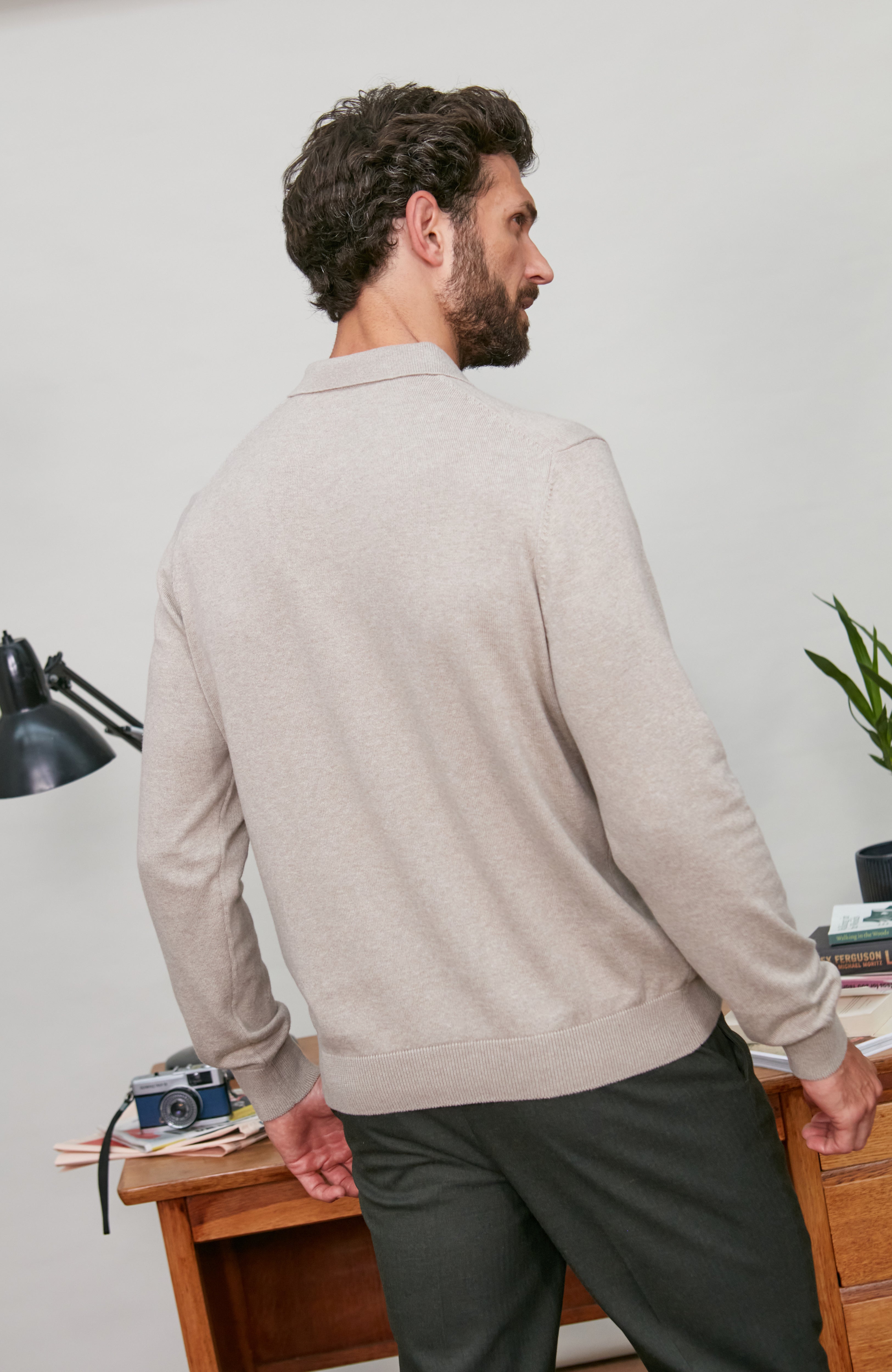 Mens Lightweight Cotton Long Sleeve Knitted Polo Shirt