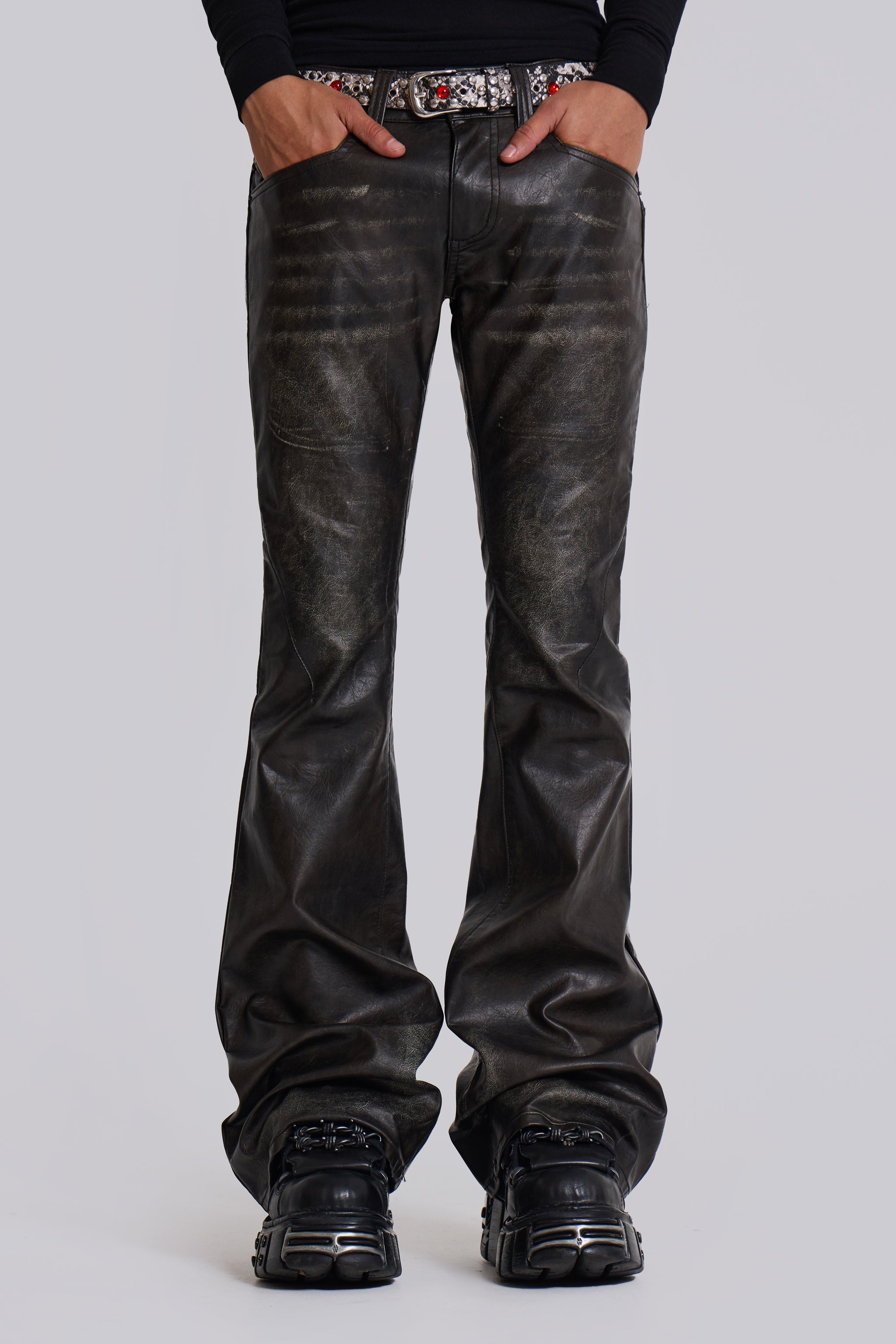 Washed Black PU Drift Bootcut Jeans