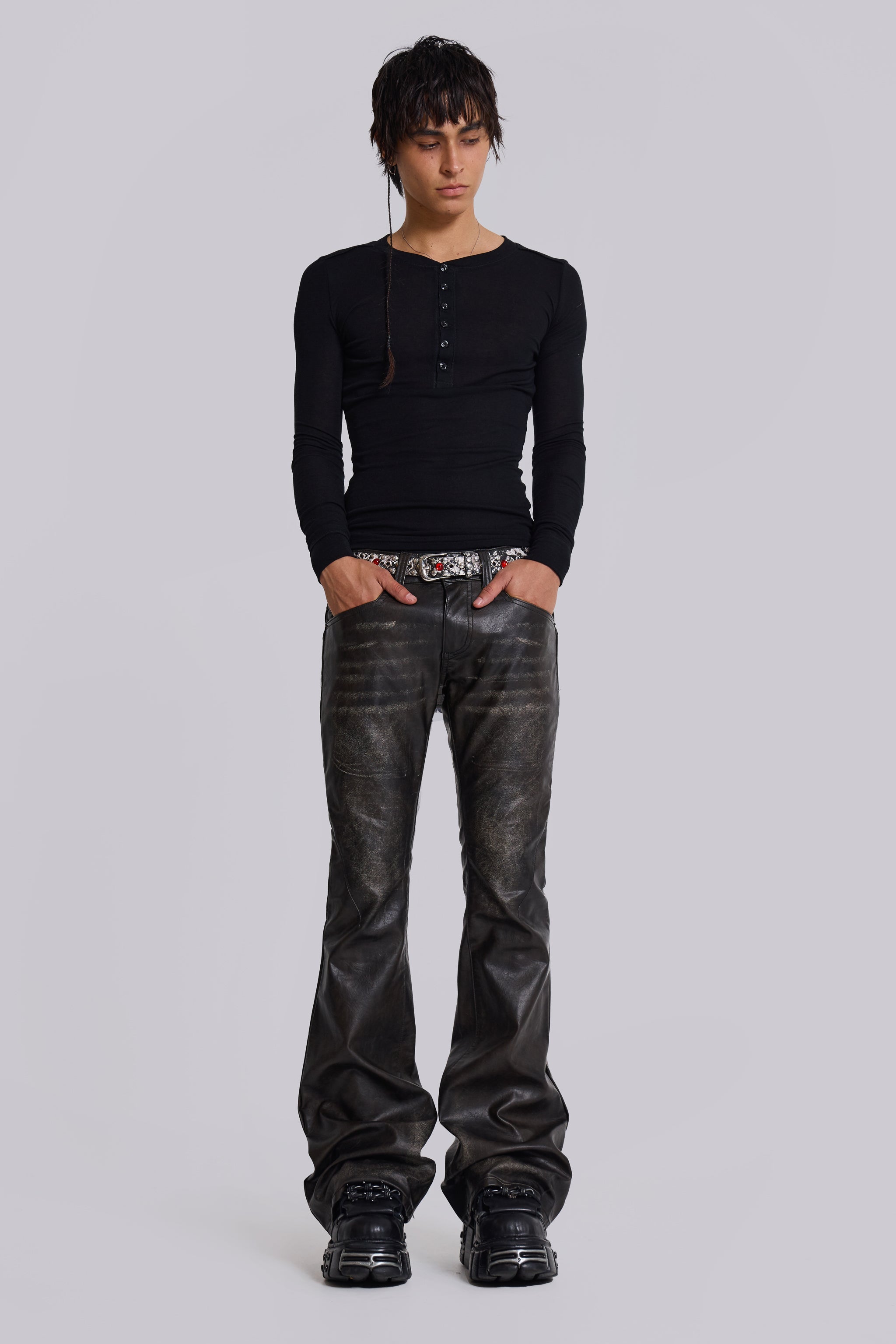 Washed Black PU Drift Bootcut Jeans